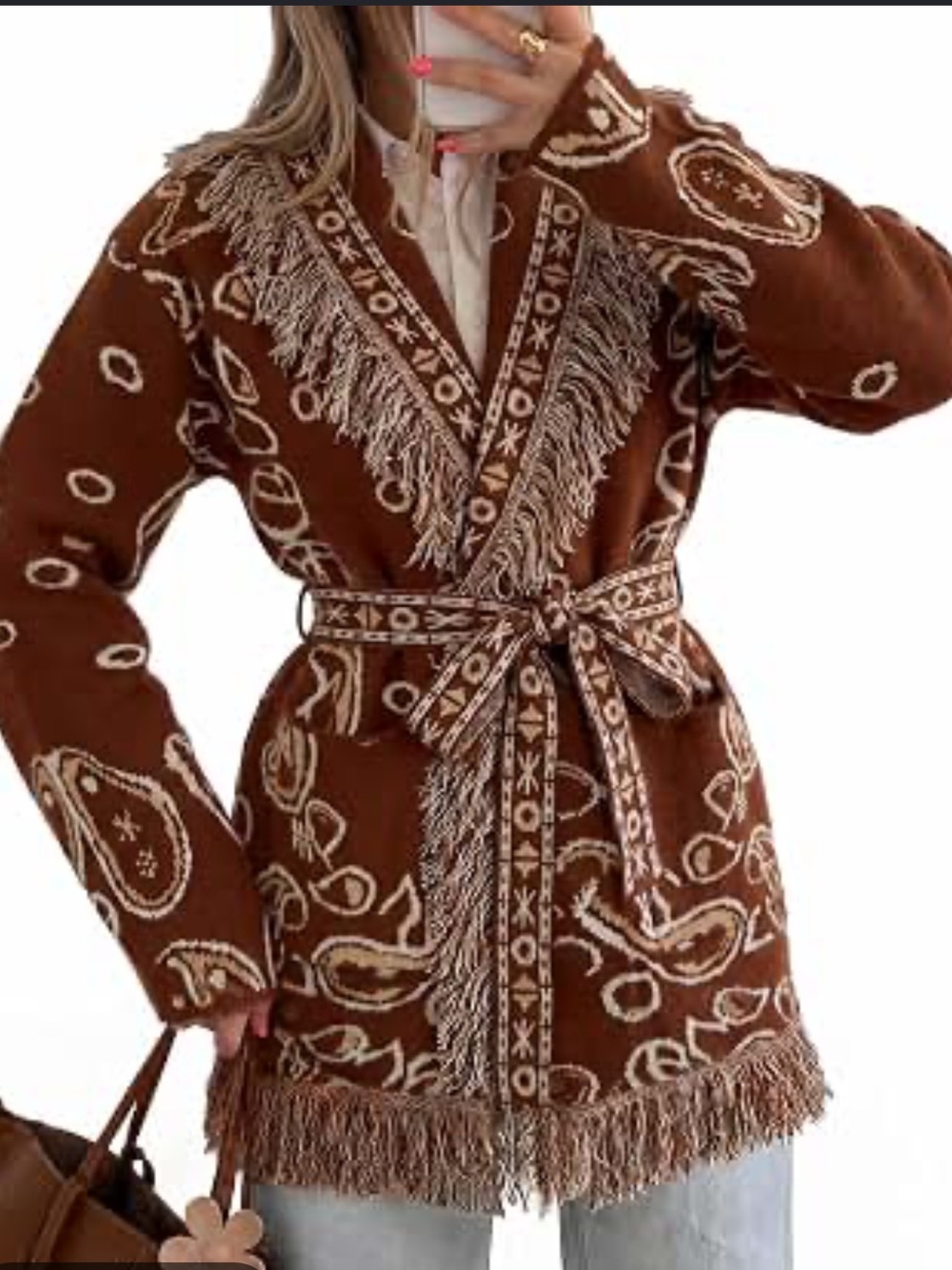 Tankaneo Womens Fringe Cardigan Long Sleeve Paisley Sweaters with Belt